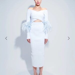 Elegant Off-Shoulder Light Blue Dress with Feather Accents color cloud size M